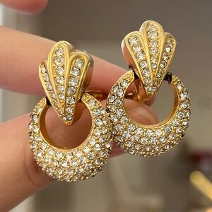 Vintage Christian Dior Fleur De Lis Door Knocker Rhinestone Drop Gold Earrings